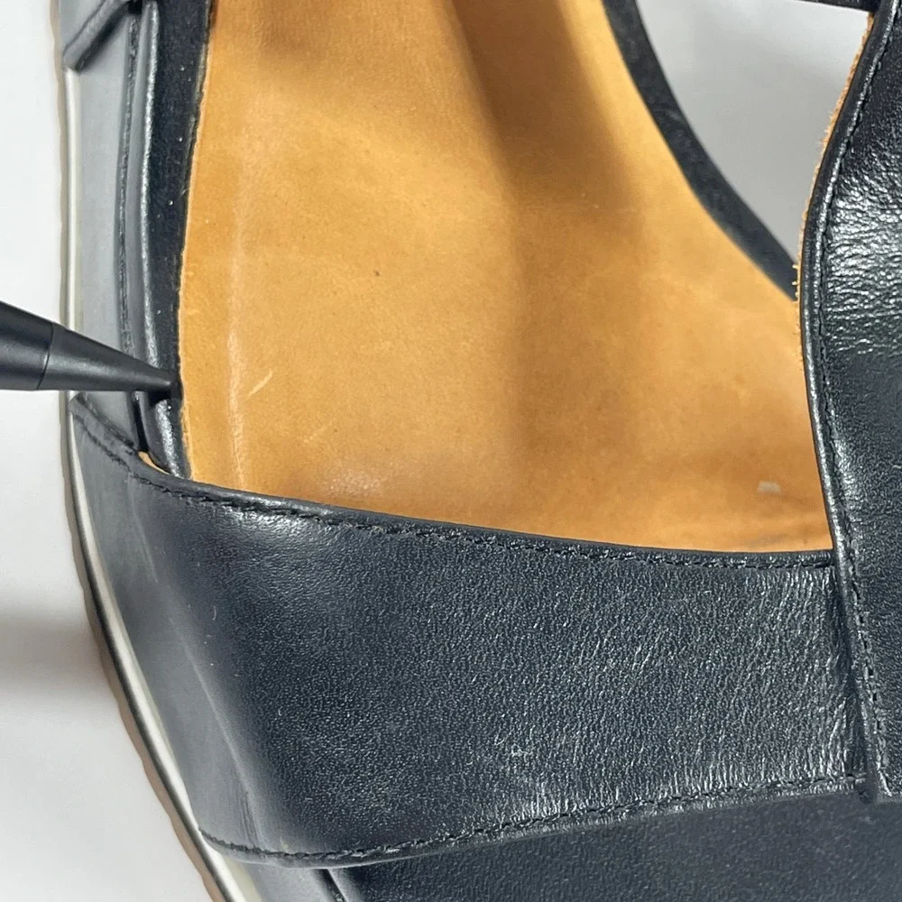 sz 7.5 Bill Blass Ursula Black Leather Platform Wedge Sandals Ankle Strap